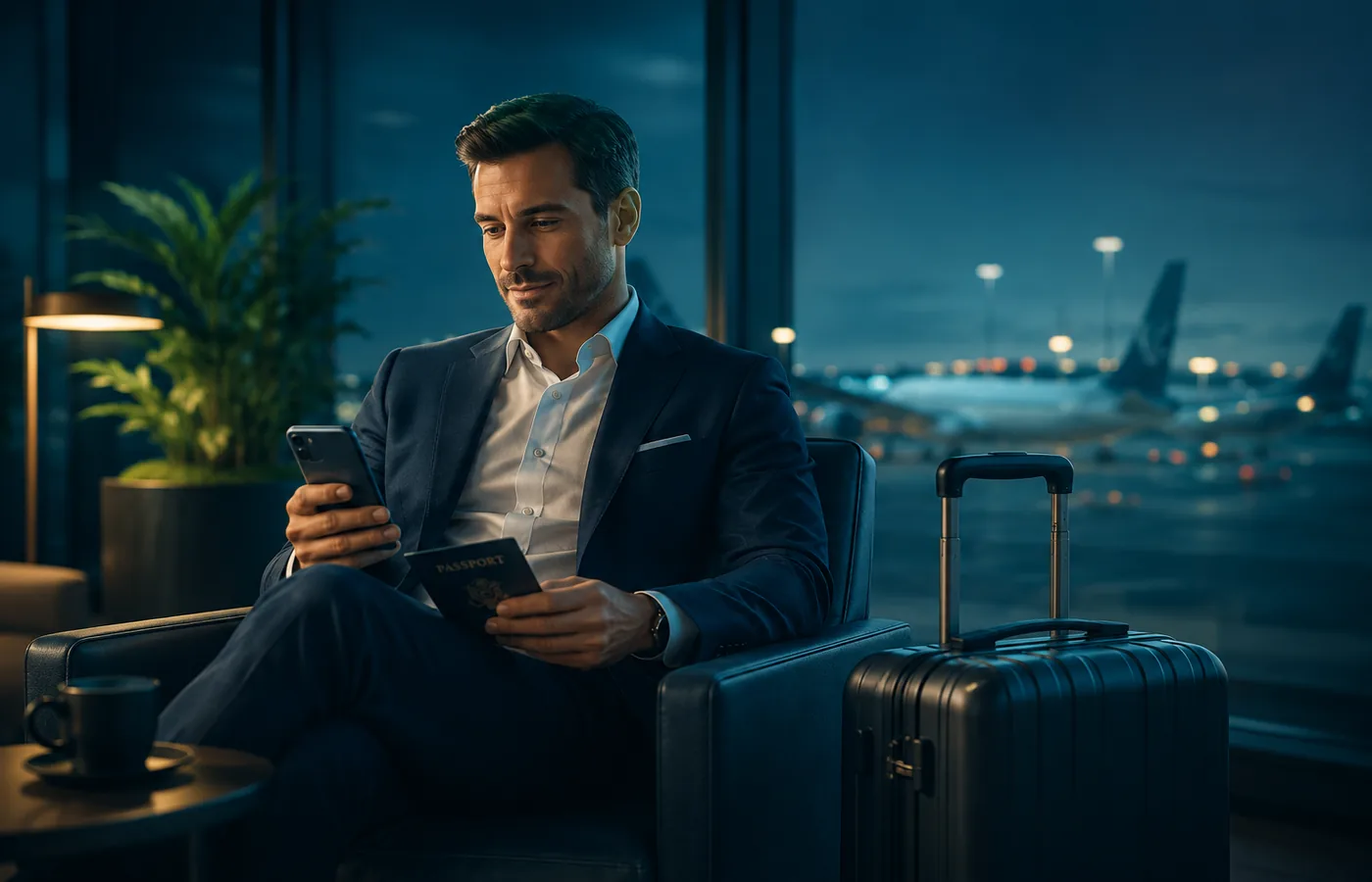 Premium business traveler using eSIM at an airport lounge